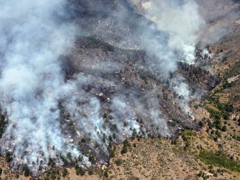 Aerial view of a forest wildfire spreading across a mountainous landscape, with smoke billowing into the sky and patches of burned trees visible.