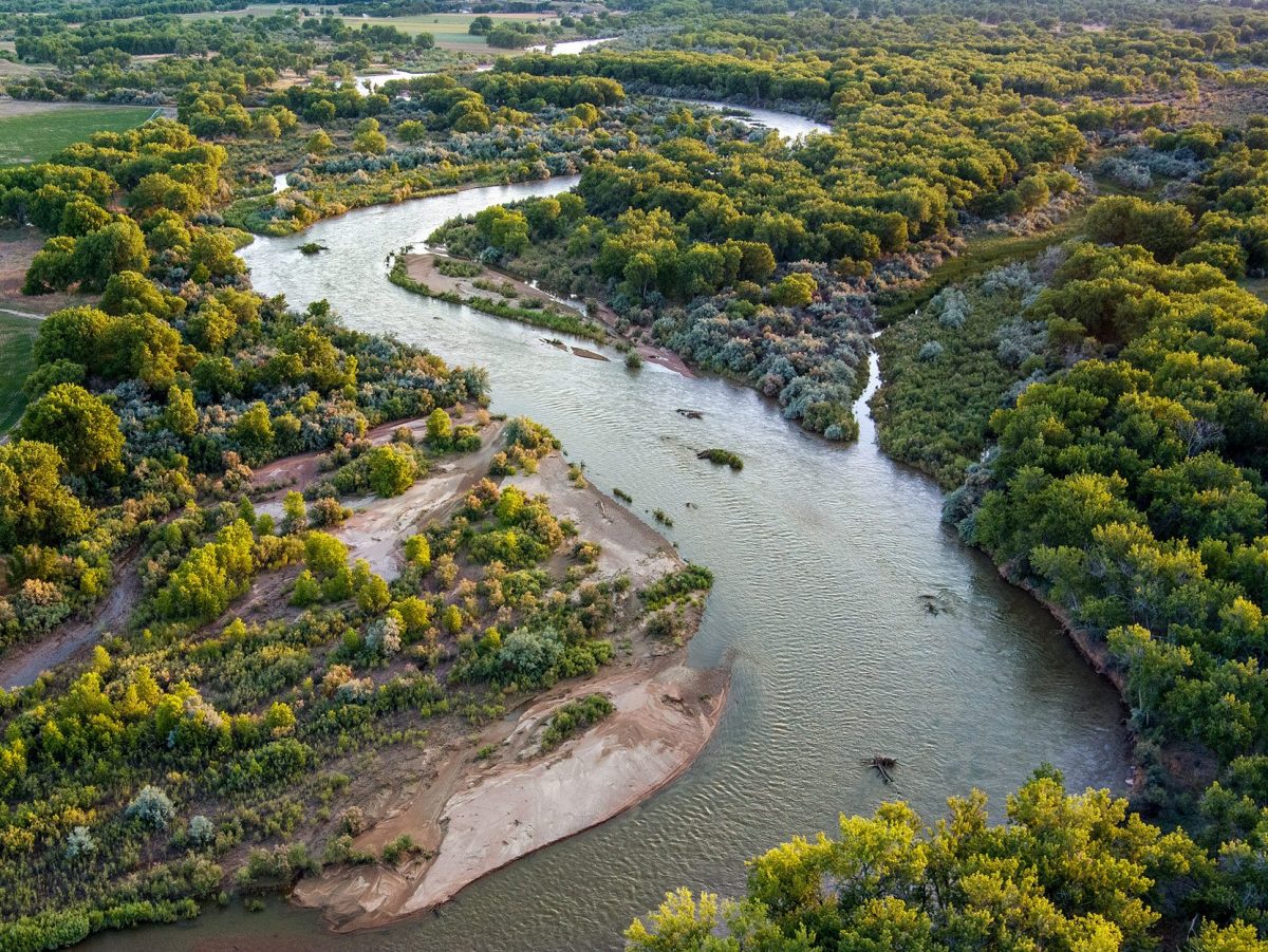 Aerial view of the Arkansas River winding through lush green forested landscape with sandbanks.