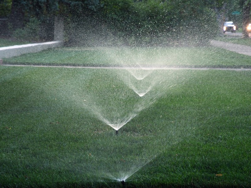 A row of sprinklers watering a perfect green lawn at dawn