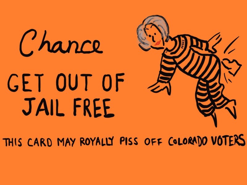 A cartoon drawing of a Monopoly game "get out of jail free" card featuring Tina Peters in a striped jail jumpsuit