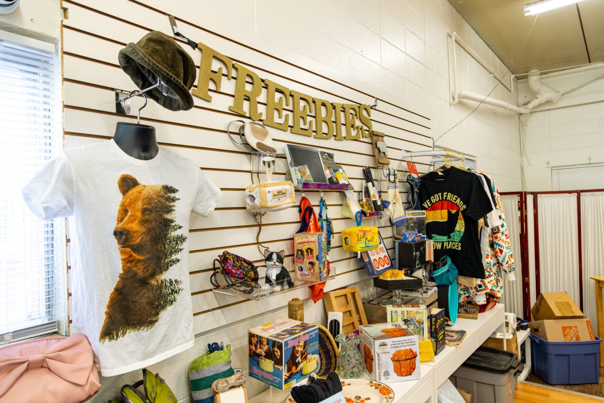 A wall display labeled "FREEBIES" features assorted free items, including clothing, board games, hats, accessories, and small household goods.