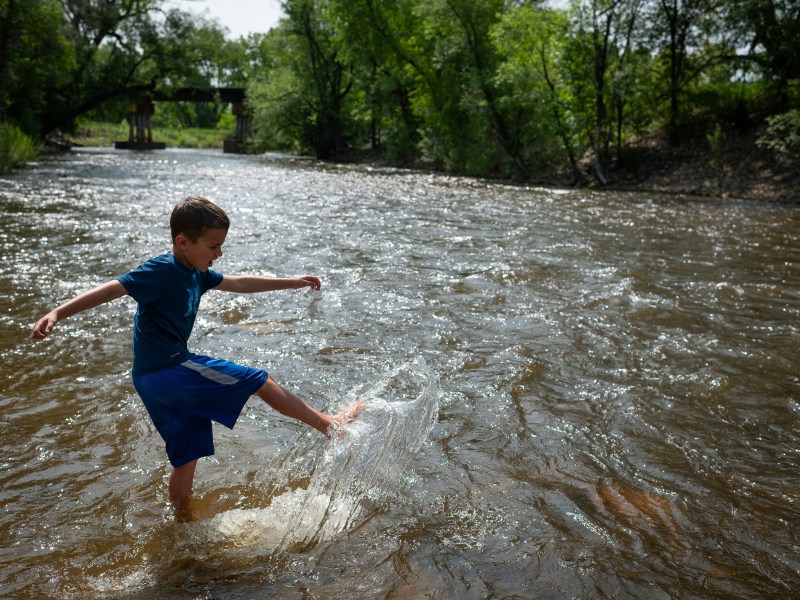 A child playing in the Poudre River