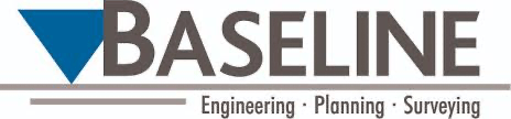 Baseline logo with a blue triangle and gray text reading "BASELINE" above the words "Engineering · Planning · Surveying" separated by dots.