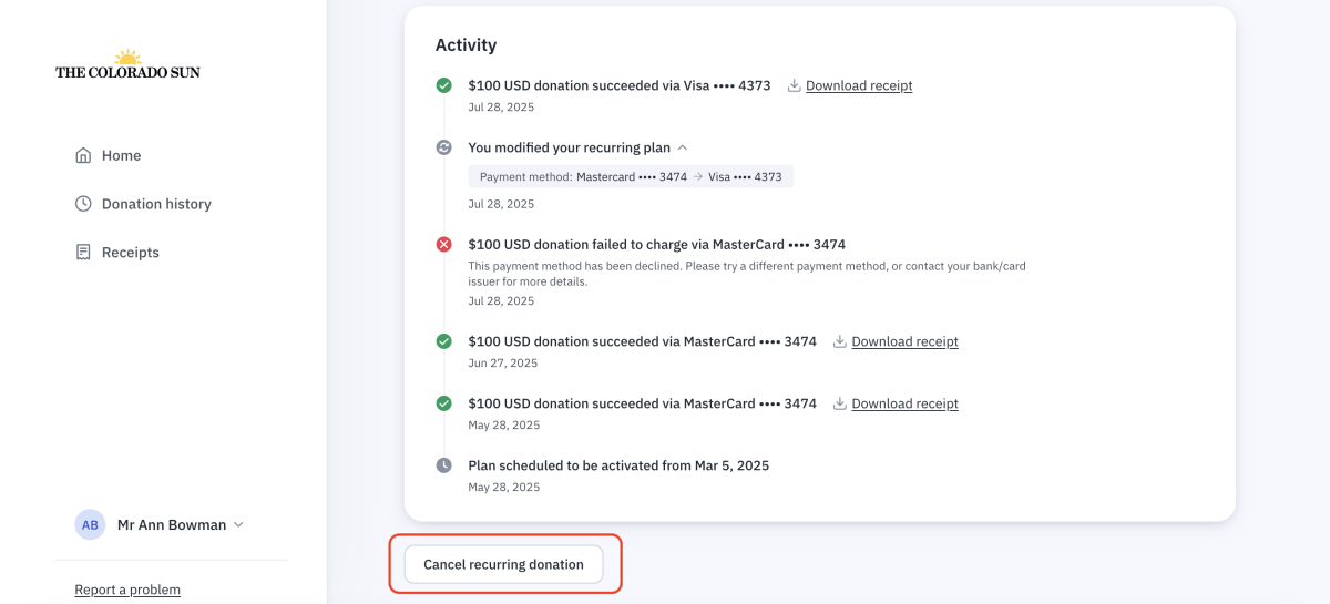 A user’s donation activity page with a “Cancel recurring donation” button highlighted at the bottom.
