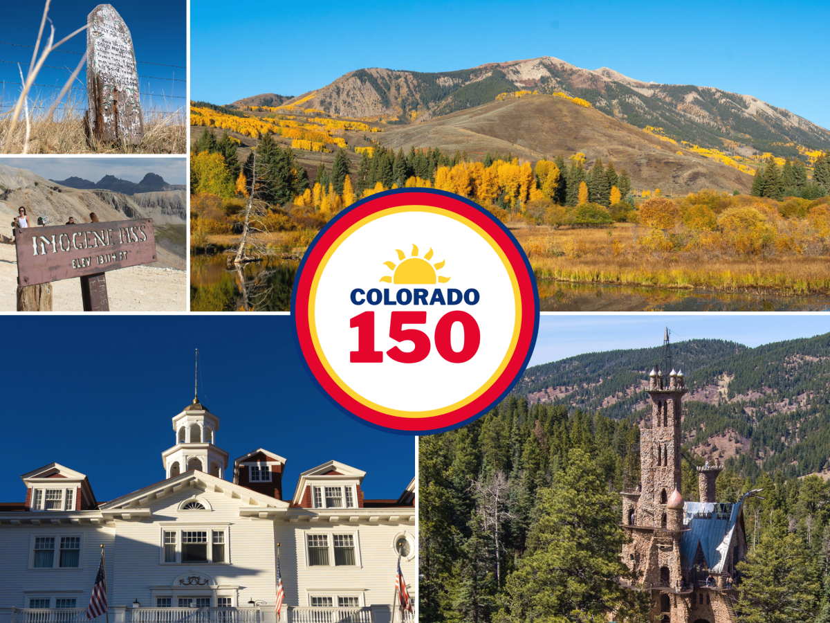 A collage of Colorado landmarks and scenery with a central logo reading "Colorado 150" surrounded by mountains, a hotel, a castle, a trail sign, and a historic marker.