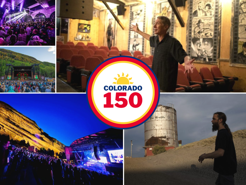 Collage of live music events, historic theater, and landscape scenes in Colorado, with a central logo reading "Colorado 150.