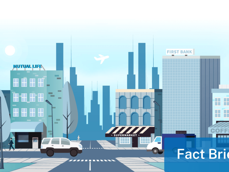 Illustration of a cityscape featuring buildings such as a pharmacy, supermarket, bank and coffee shop, with cars on the road, a pedestrian observing street signs about Colorado motorcycle law, and an airplane flying overhead.