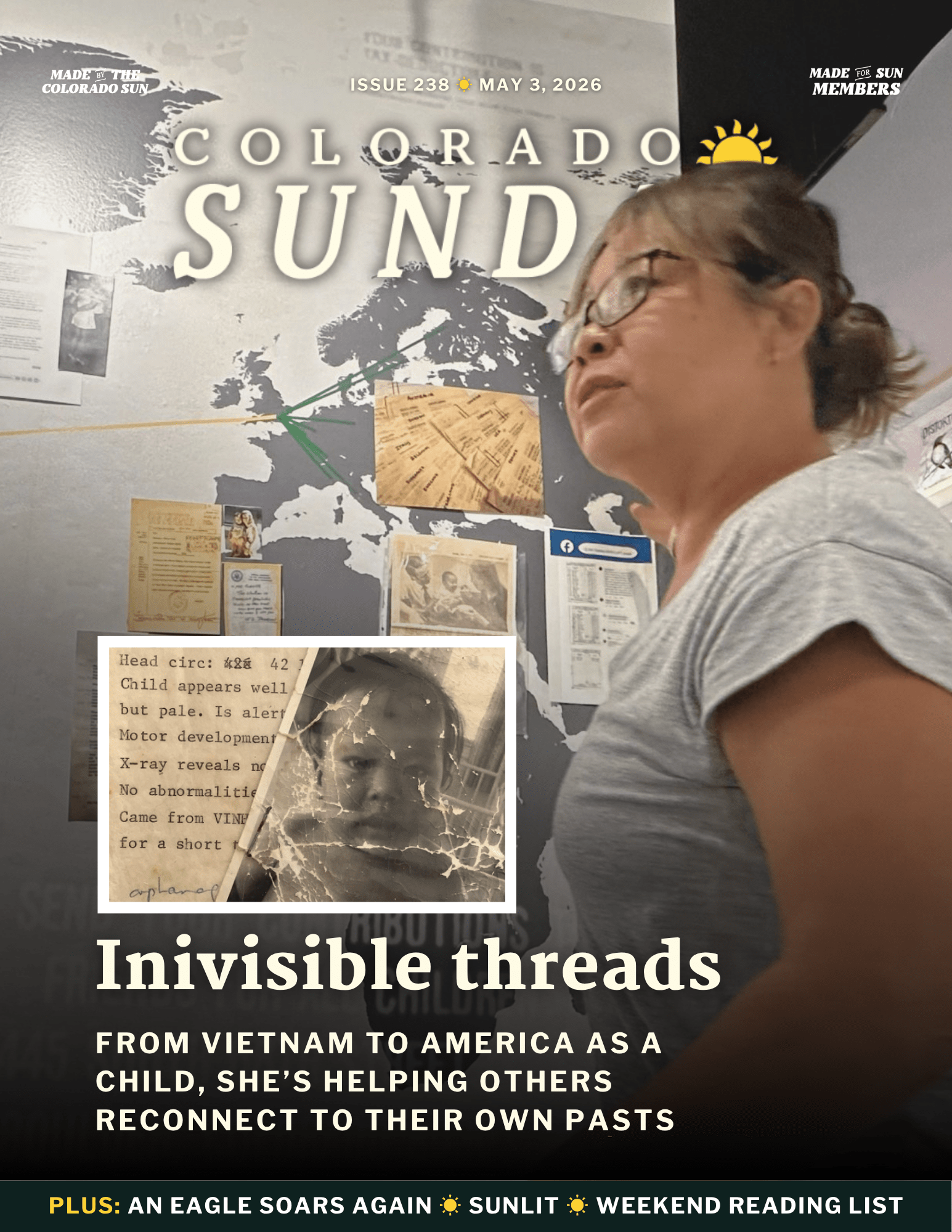 A woman views an exhibit about Vietnamese refugees, featuring historical documents and photographs, on the cover of Colorado Sun magazine, dated May 3, 2026.