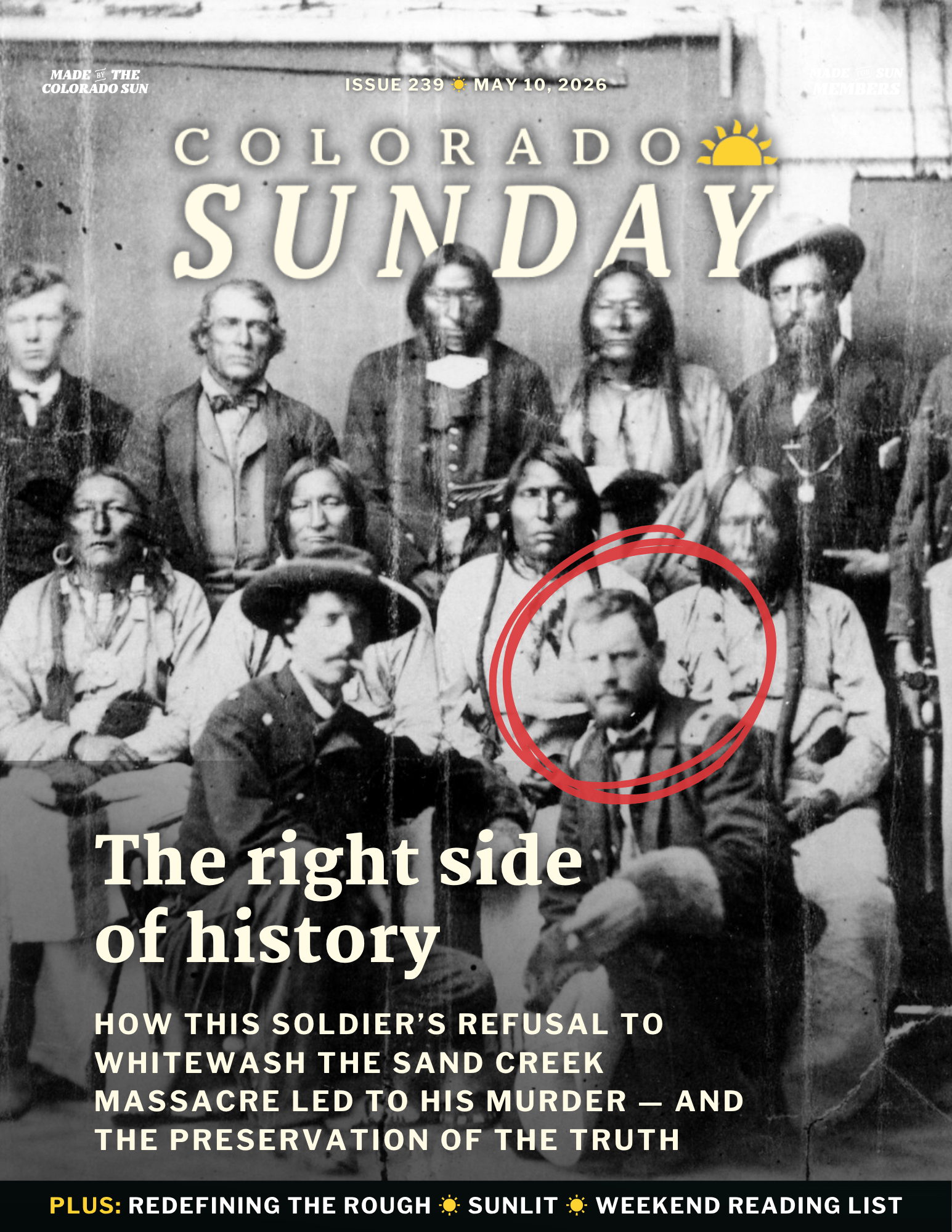 A black-and-white historic group photo of men, with Silas Soule in the front row circled in red. Magazine cover text discusses the Sand Creek Massacre and historical truth.