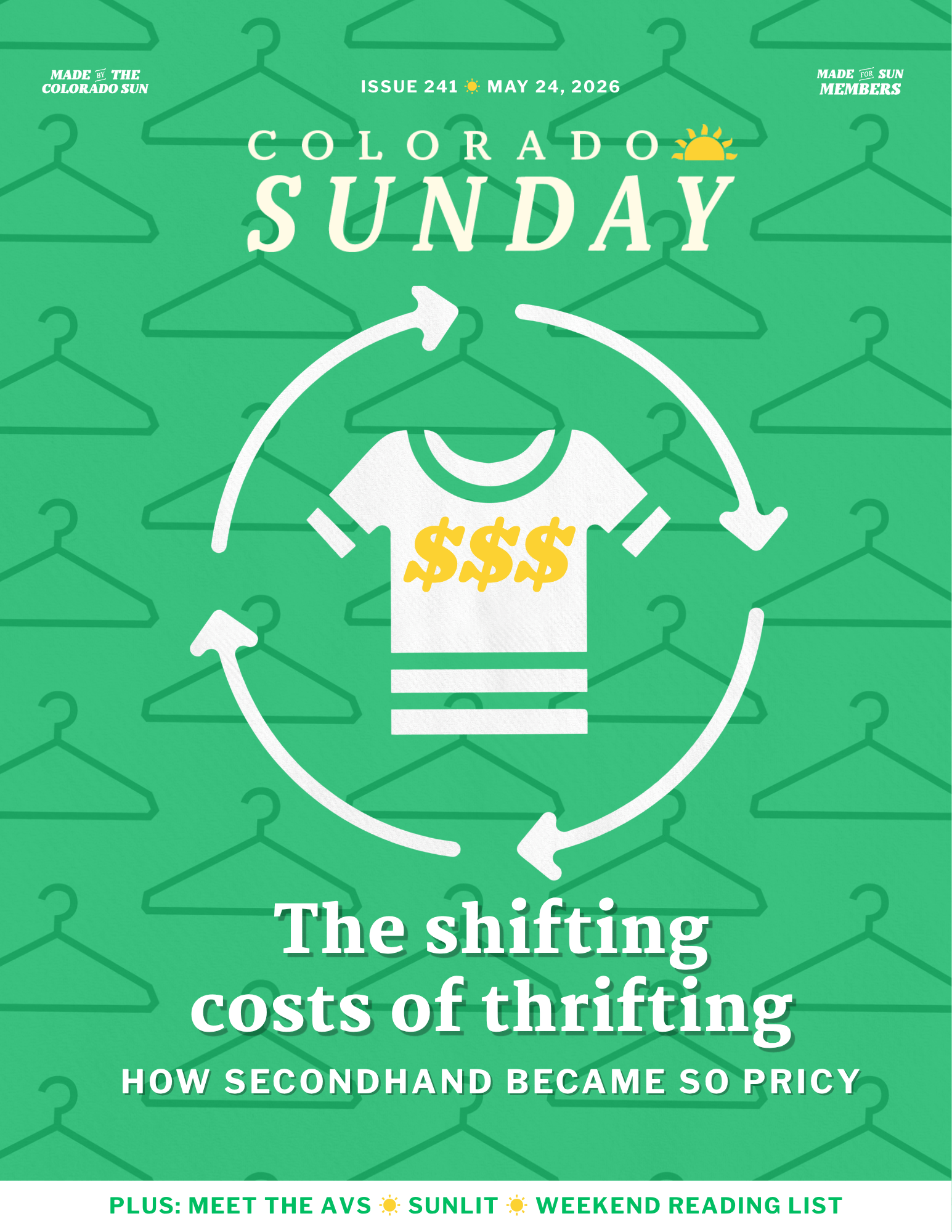 Cover of "Colorado Sunday" magazine featuring a green background with hanger illustrations, a shirt with dollar signs, and the headline: "The shifting costs of thrifting: How secondhand became so pricy.