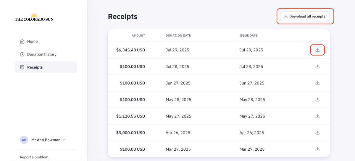 A receipts page shows a list of donation amounts, dates, and a download button for each receipt; a “Download all receipts” button is highlighted at the top right.