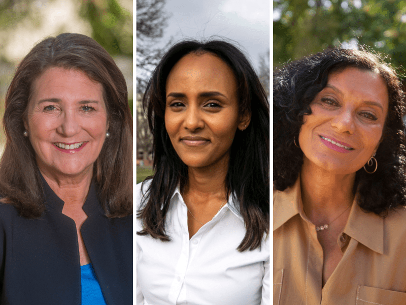 Three women, including Diana DeGette, are shown in separate portraits, each smiling and looking at the camera against outdoor backgrounds in daylight.