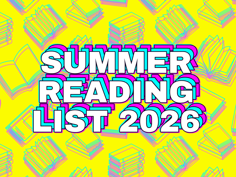 Bold text "Summer Reading List 2026" over a yellow background with colorful, outlined illustrations of open and closed books.